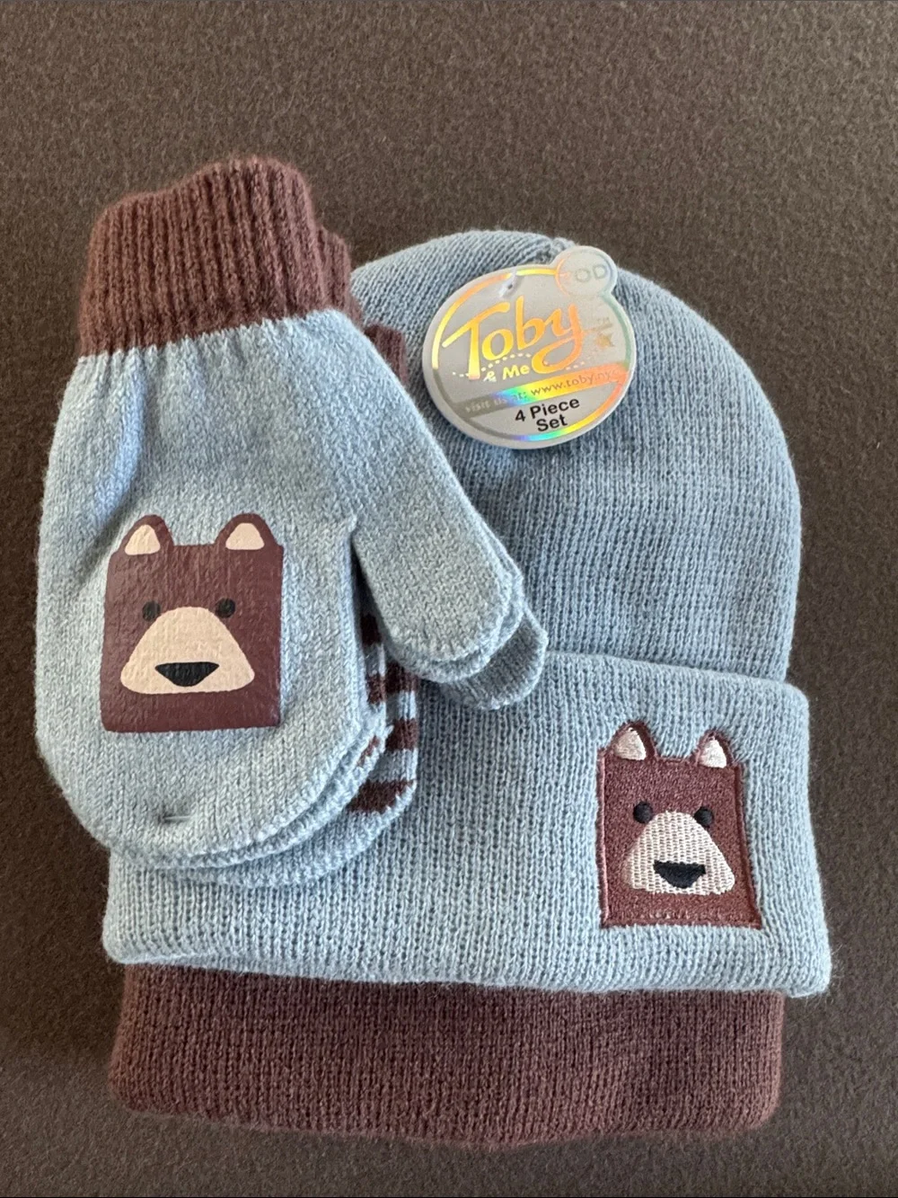 Baby/Toddler Light Blue & Brown Bear Knit Beanie and Mittens Set by